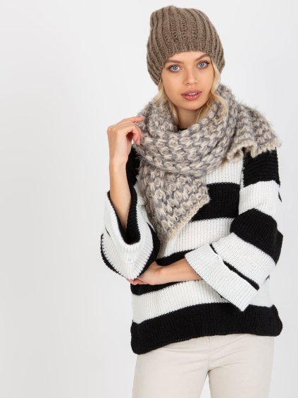 Chlpatý pletený zimný šál - sivo-béžový