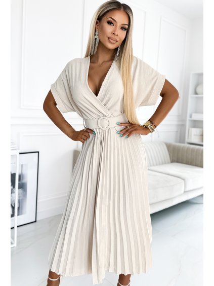 Plisované béžové midi šaty so širokým pásikom FELICIA