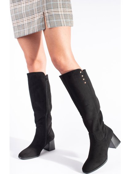 Čierne semišové čižmy na stĺpikovom podpätku