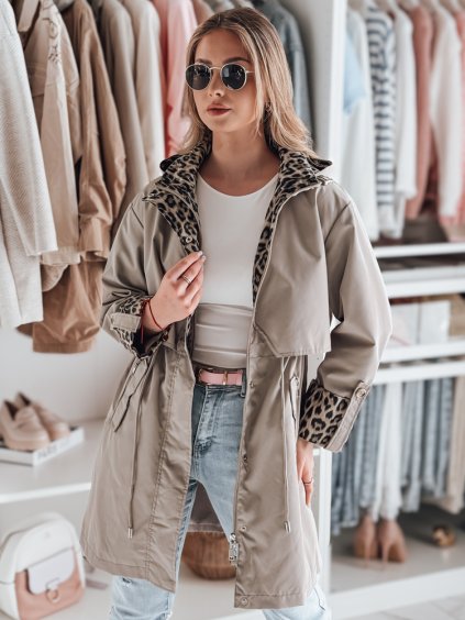 Béžová dámska prechodná parka s leoparďou podšívkou PANTER