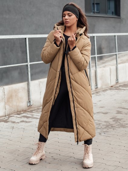 Dámska béžová zimná dlhá prešívaná bunda s kapucňou STREETFIT