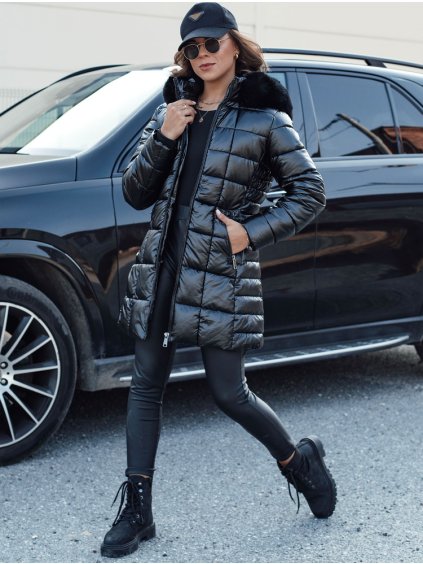 Čierna dámska zimná prešívaná bunda s čiernou kožušinou WINTERZIP