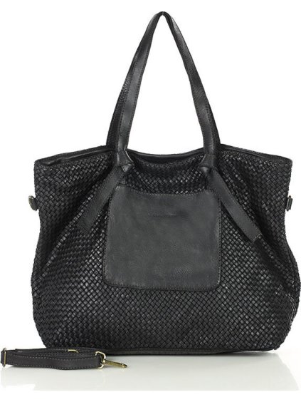 MARCO MAZZINI Originálna dámska čierna tkaná kožená shopper kabelka