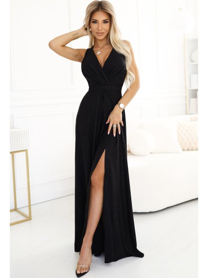 Dlhé dámske lesklé šaty s výstrihom a rozparkom MONIQUE