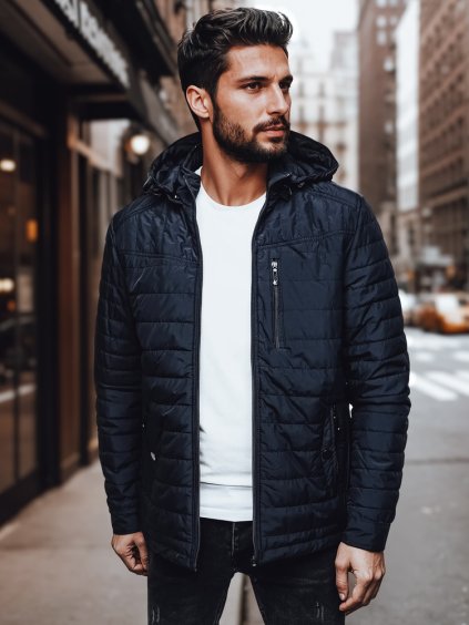 Pánska tmavomodrá prešívaná prechodná bunda s kapucňou