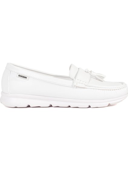 Biele mokasíny so strapcami na nízkom kline