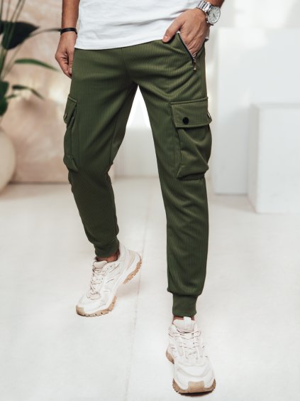 Tmavozelené pánske cargo nohavice s elastickým pásom