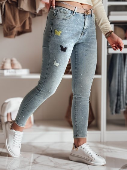 Modré dámske skinny rifle s kamienkami a výšivkou LUMITTA (Veľkosť 28)