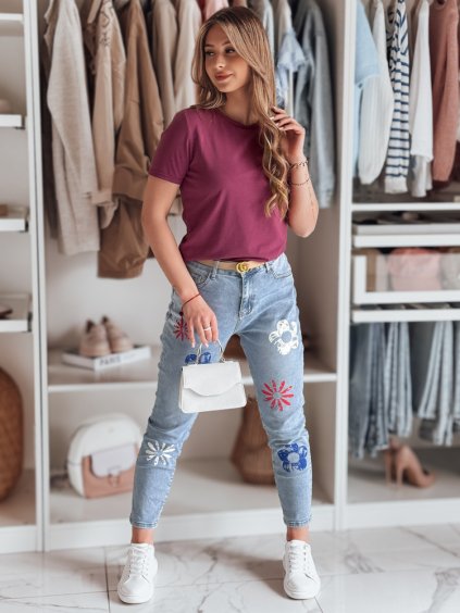 Dámske modré slim fit džínsy s farebnými kvetmi ARTJEANS