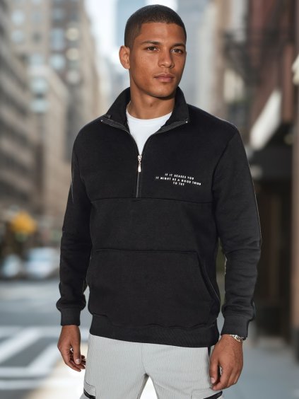 Čierna pánska mikina s potlačou a polovičným zipsom