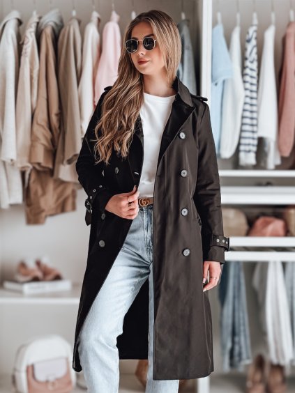 Čierny dlhý trenčkot s pásikom SLIMFOTA