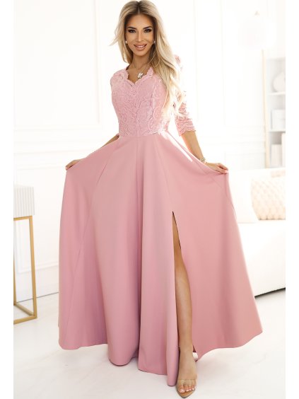 Elegantné púdrovo ružové čipkové dlhé šaty s výstrihom ELISA