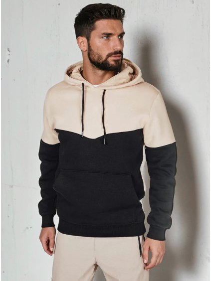 Béžovo-čierna pánska basic mikina s kapucňou