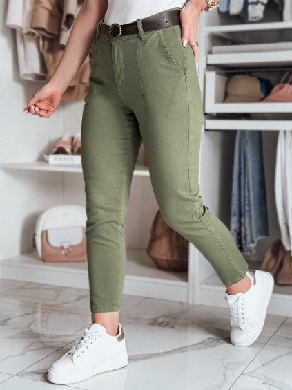 Khaki dámske slim fit nohavice s vysokým pásom