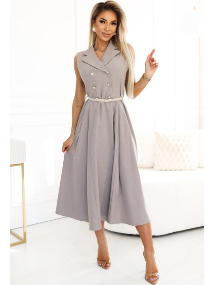 Béžovo sivé dámske elegantné midi košeľové šaty so zlatými gombíkmi a opaskom
