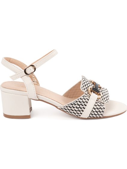 Biele dámske sandále na stĺpiku s ozdobnou prackou, podpätok 5 cm