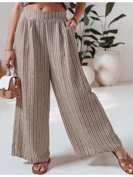Hnedé dámske pruhované široké nohavice MODERESS