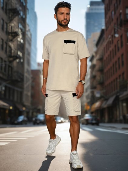 Béžová pánska súprava trička a šortiek