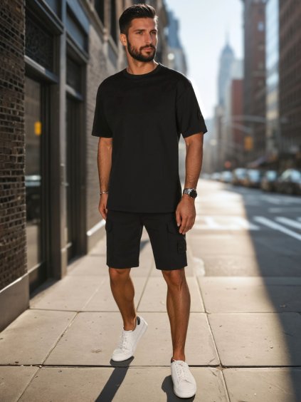 Čierna pánska krátka tepláková súprava s cargo šortkami