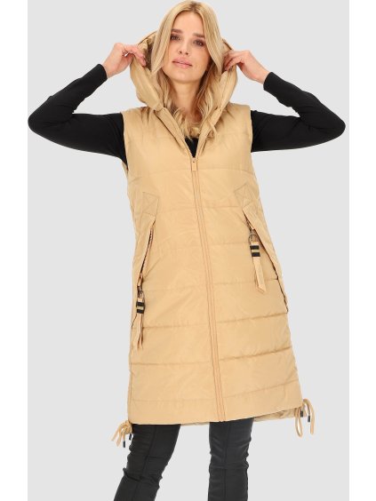 Dlhá béžová zateplená dámska vesta s kapucňou