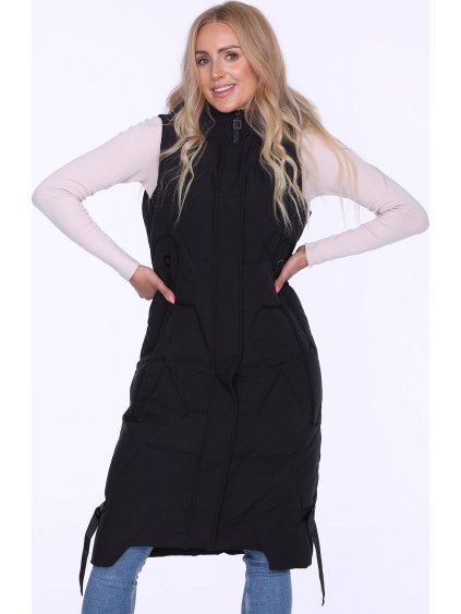 Dámska čierna dlhá prešívaná vesta s kapucňou