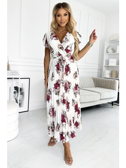 Plisované kvetované midi šaty s výstrihom a volánikmi MEDIE