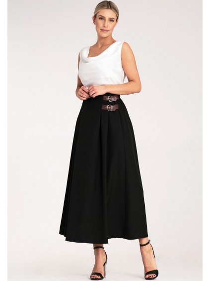 Čierna dámska elegantná midi sukňa s bočnými pásikmi a prackami
