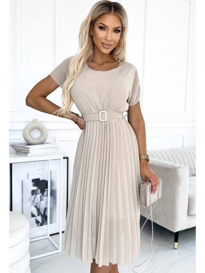 Plisované béžové midi šaty so širokým pásikom JULIA