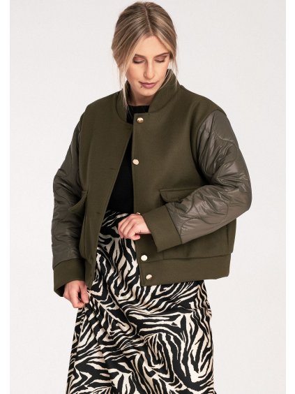 Olivovo zelený dámsky bomber s prešívanými rukávmi