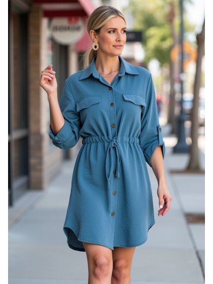 Modré dámske košeľové šaty s náprsnými vreckami