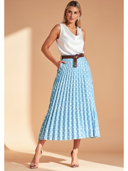 Modrá dámska plisovaná midi sukňa s bodkami