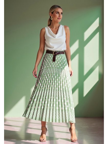Svetlozelená dámska plisovaná midi sukňa s bodkami