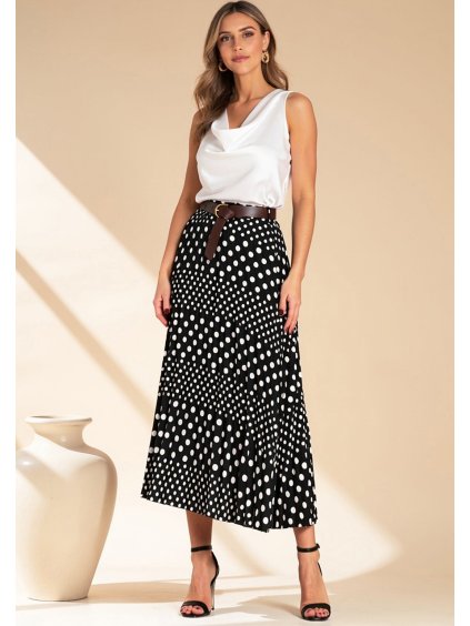 Čierna dámska plisovaná midi sukňa s bodkami