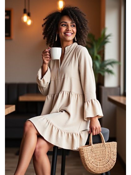 Béžové dámske voľné šaty s volánmi