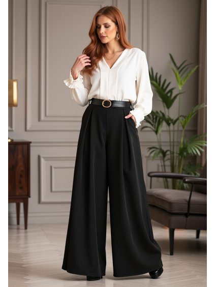 Čierne dámske elegantné široké nohavice s opaskom