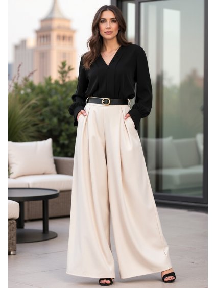 Smotanové dámske elegantné široké nohavice s opaskom