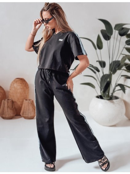 Čierny dámsky teplákový komplet s ozdobným pruhom SPORT LIKE