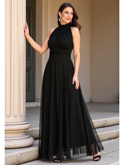 Čierne dámske maxi šaty s odhalenými ramenami