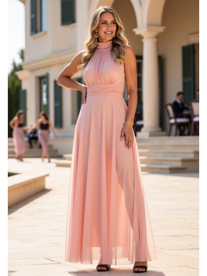 Ružové dámske maxi šaty s odhalenými ramenami