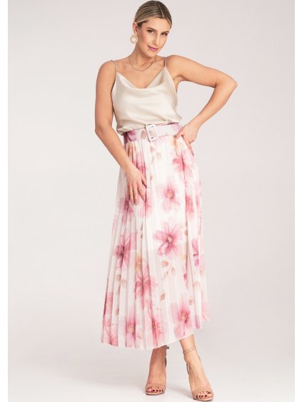Bielo-ružová plisovaná dámska midi sukňa s kvetinovým vzorom