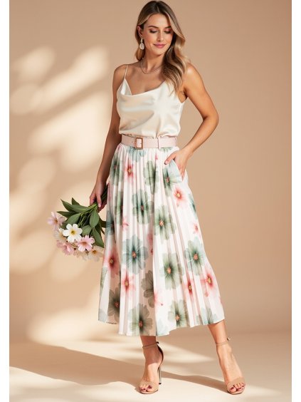 Bielo-zelená plisovaná dámska midi sukňa s kvetinovým vzorom