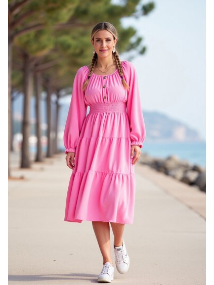 Ružové dámske midi šaty s odhalenými ramenami