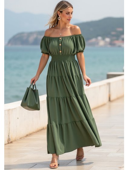 Tmavozelené letné maxi šaty s krátkymi balónovými rukávmi