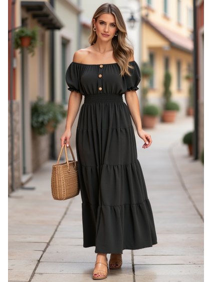 Čierne letné maxi šaty s krátkymi balónovými rukávmi