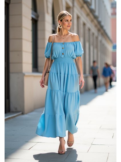 Modré letné maxi šaty s krátkymi balónovými rukávmi