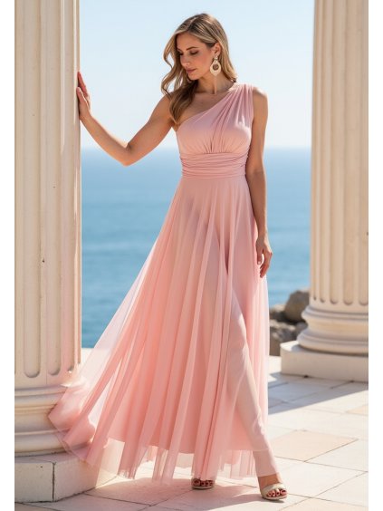 Ružové dámske dlhé šaty so širokým ramienkom