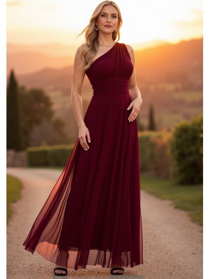 Vínové dámske dlhé šaty so širokým ramienkom