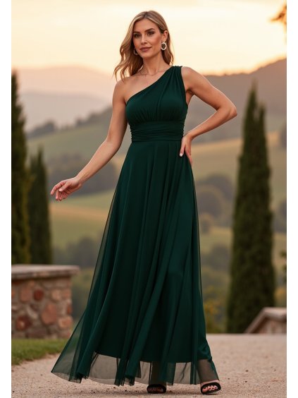 Tmavozelené dámske dlhé šaty so širokým ramienkom