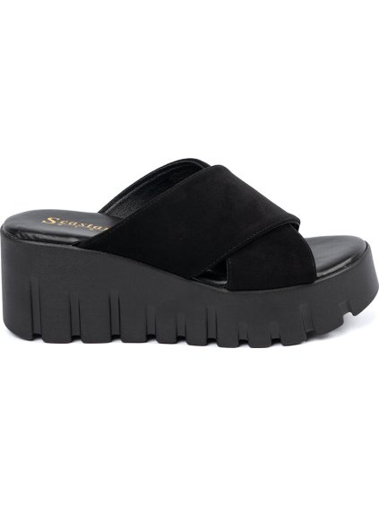 Čierne semišové dámske nazuváky na kline, podpätok 6,5 cm