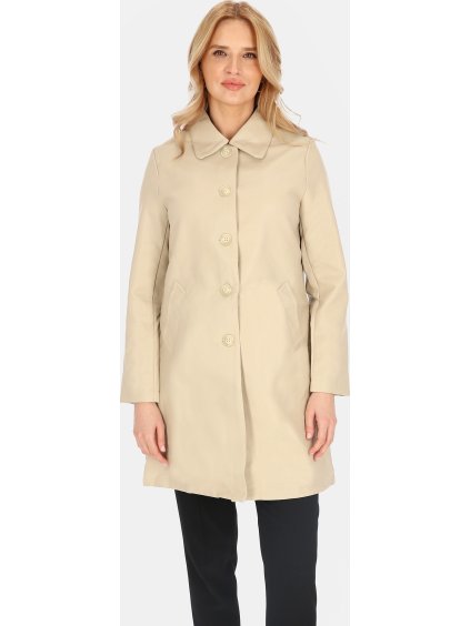 Svetlobéžový dámsky koženkový kabát s golierom